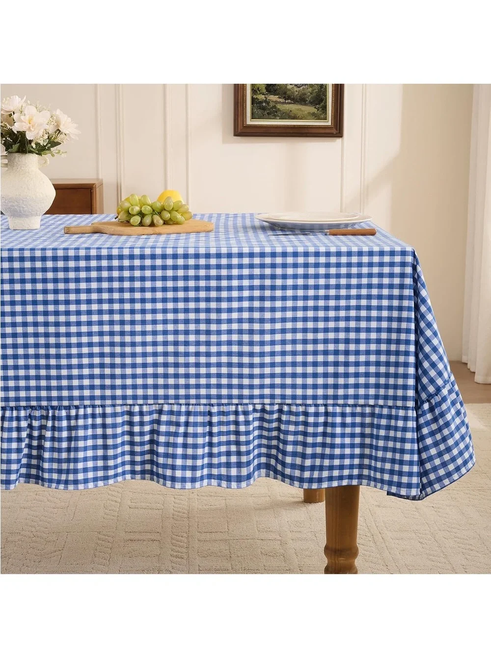 NEW Romanstile Gingham Ruffled Tablecloth Rectangle, 60 x 120 Inch, Blue